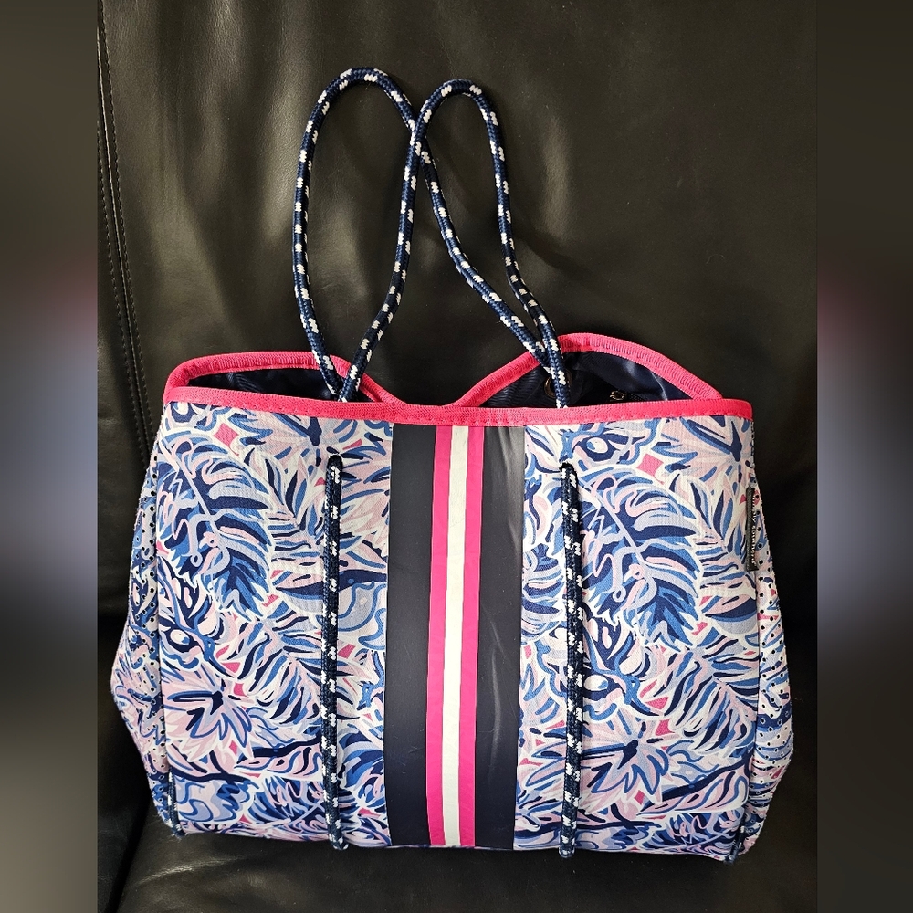 Simply Southern Navy, Pink and White Floral Stripe Tote